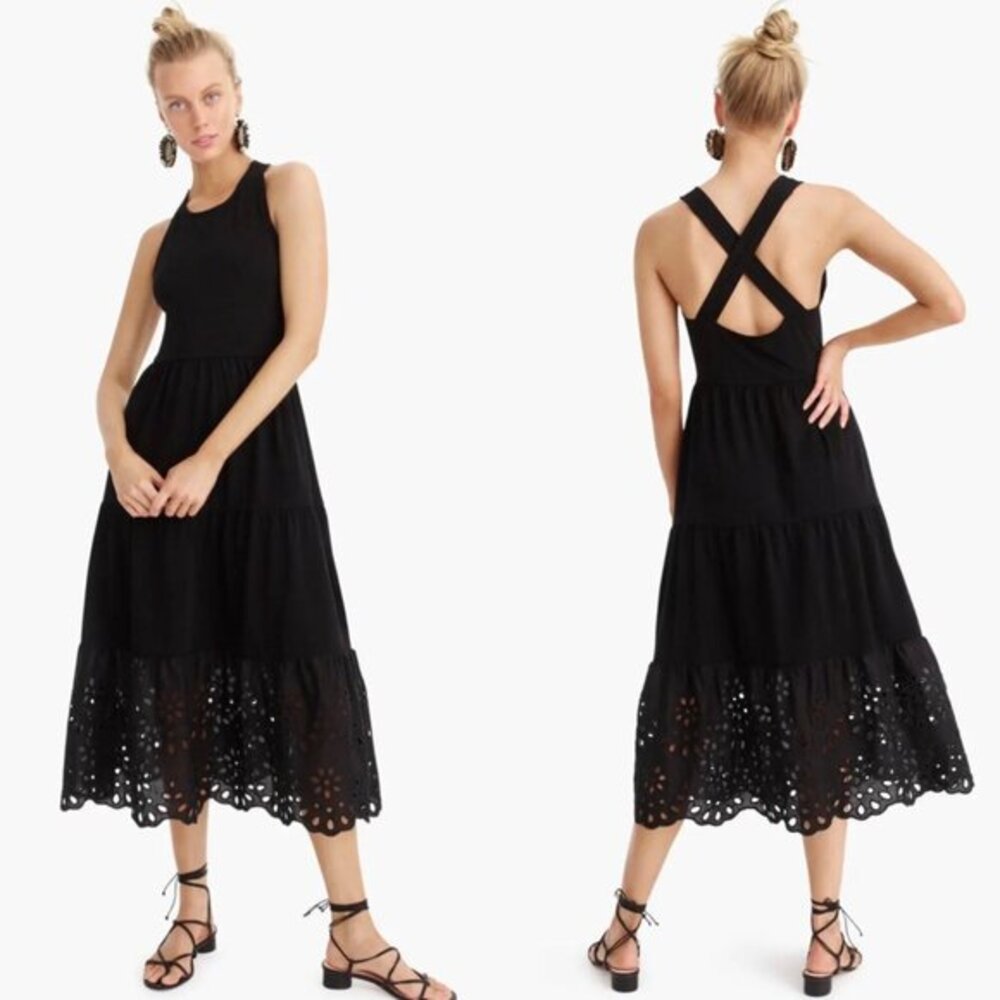 J. Crew XS Black Midi Dress Eyelet Criss Cross Back Halter Tiered Sleeveless